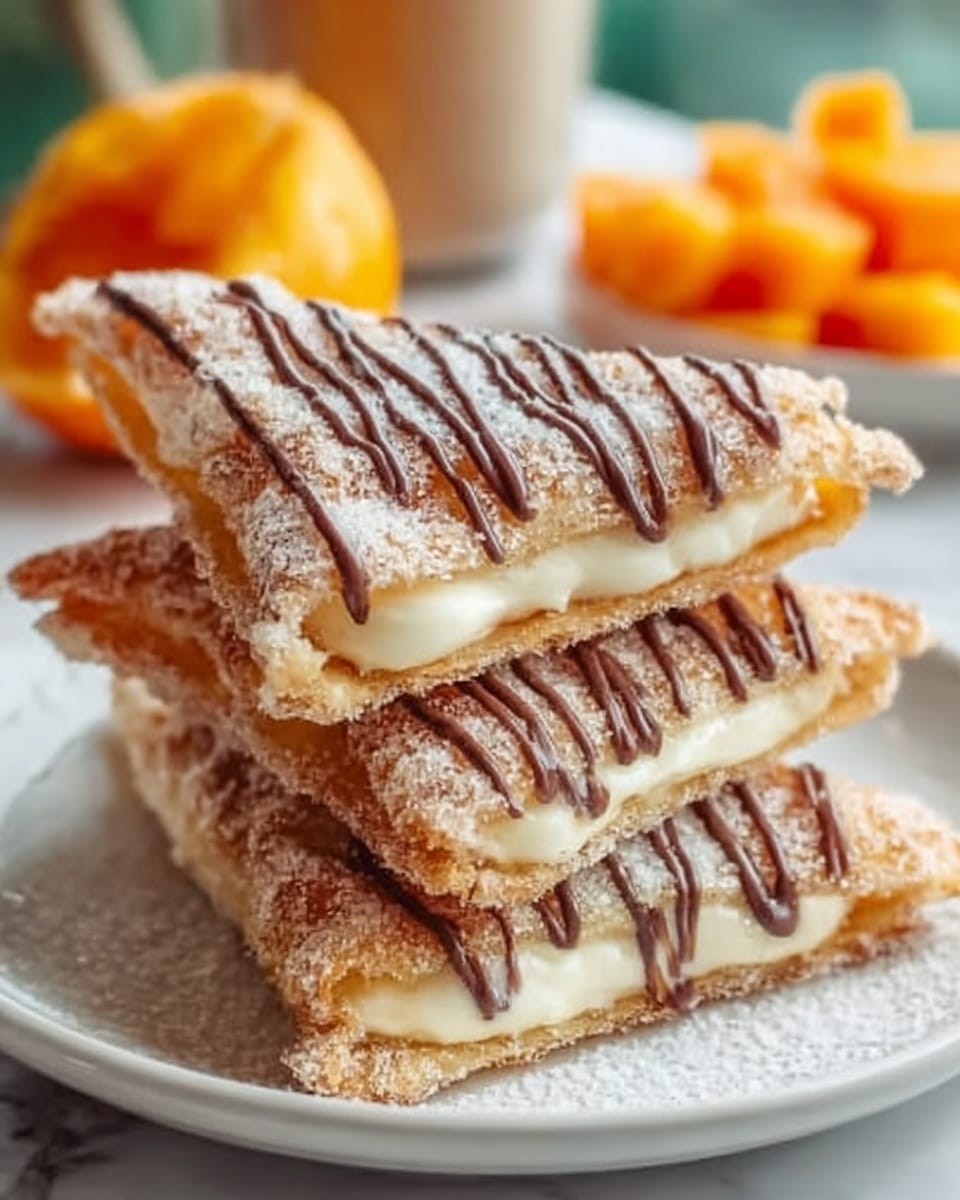 The image shows a stack of four golden-brown layered pastry sticks on a white plate, each layer dusted with sugar and filled with white cream. Between the layers, a thick, smooth dark brown chocolate drizzle is visible, adding contrast. The pastries are crispy with a slightly rough texture, and the top layer has a glistening sugar coating. In the background, there are blurred orange-colored cubes of fruit on the white marbled surface. Photo taken with an iphone --ar 4:5 --v 7