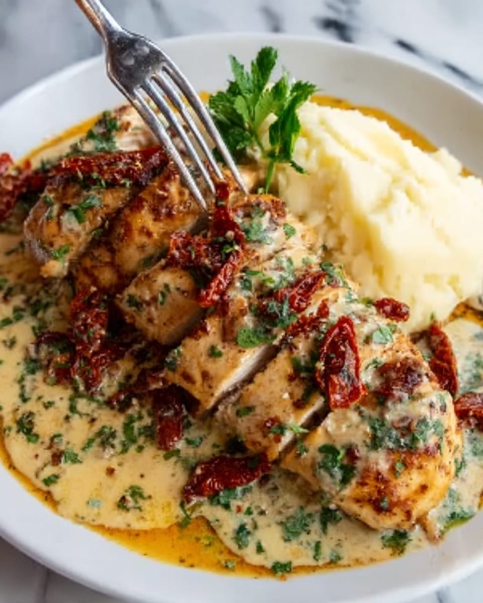 The image shows a close-up of a white plate with a dish of sliced grilled chicken covered in a creamy sauce with chopped green herbs. The chicken has a golden-brown crust and is topped with small pieces of sun-dried tomatoes. To the side, there is a scoop of smooth, creamy mashed potatoes. A woman's hand holds a fork that is piercing a piece of chicken. The background is a white marbled surface with natural light highlighting the textures. photo taken with an iphone --ar 4:5 --v 7