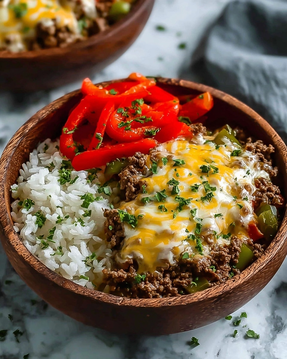 A round wooden bowl is filled with three distinct layers: the bottom layer is white rice with a fluffy texture, occupying half of the bowl on the right side; the top right quarter has sliced red bell peppers, vibrant and fresh, garnished lightly with green herbs; the bottom left quarter contains cooked ground beef mixed with green pepper slices and mushrooms, topped with melted yellow and white cheese sprinkled with finely chopped green herbs. The bowl sits on a surface with a white marbled texture. photo taken with an iphone --ar 4:5 --v 7